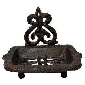 Vtg Cast Iron Soap Dish Holder Fleur De Lis Heavy Solid Rubber Feet Farm House